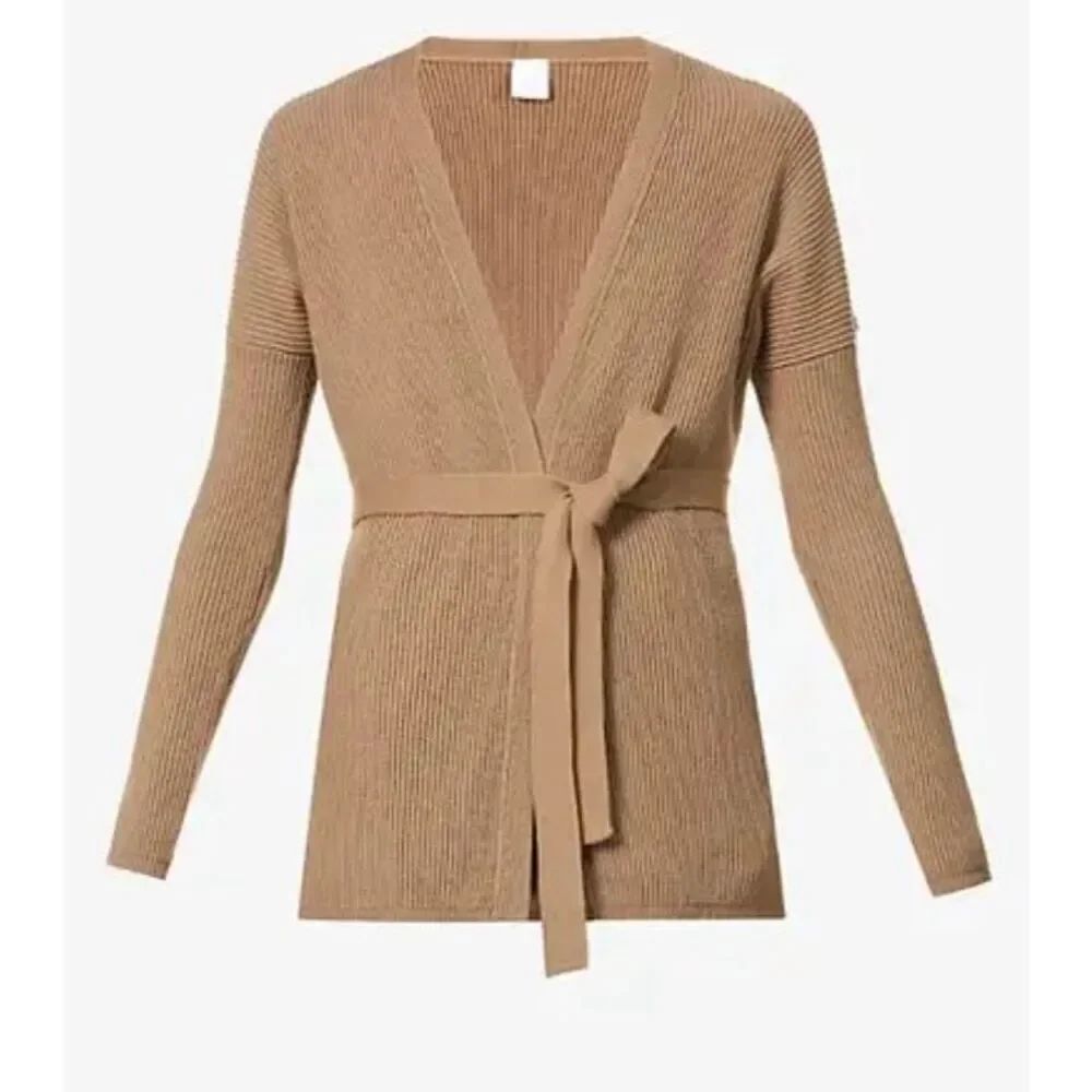 MaxMara Leisure Cavallo knit tan ribbed cotton wrap tie closure cardigan